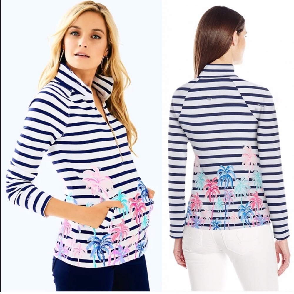 Lilly Pulitzer UPF 50+ Skipper Popover Resort White Desert Palm Stripe - Picture 2 of 13
